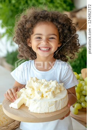 Smiling young hispanic child with curly hair holding cheese plate in outdoor setting. 124062572