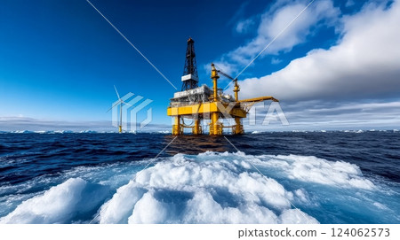 Renewable energy integration on alaskan oil rig with wind turbine against arctic skyline. 124062573