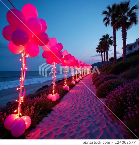 Vibrant pink balloon pathway on beach at sunset with palm trees and ocean waves. 124062577