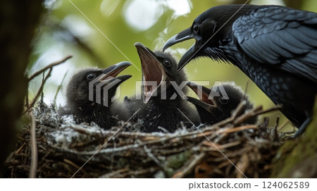 Raven feeding baby birds in nest: nature's bond and wildlife parenting. 124062589
