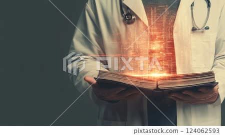 Male doctor with open book and digital light burst illustrating medical knowledge. 124062593