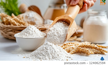 Wooden scoop with flour and wheat on kitchen table. 124062594
