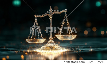 Glowing glass scales of justice against dark bokeh background. 124062596
