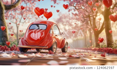 Vintage red car with heart balloons amidst cherry blossom trees. 124062597