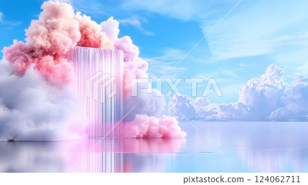 Dreamy pink and white cloud waterfall in serene sky and reflected waterscape. 124062711
