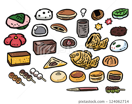 A set of hand-drawn illustrations of various Japanese sweets 124062714