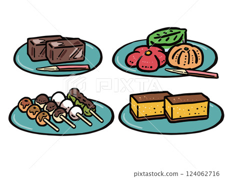 手繪插圖集各種日式甜點在盤子裡 1 124062716