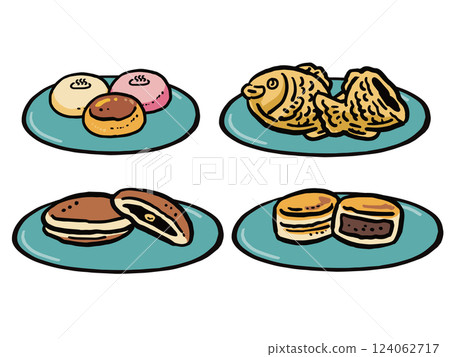 Hand-drawn illustration set of various Japanese sweets served on a plate 2 124062717