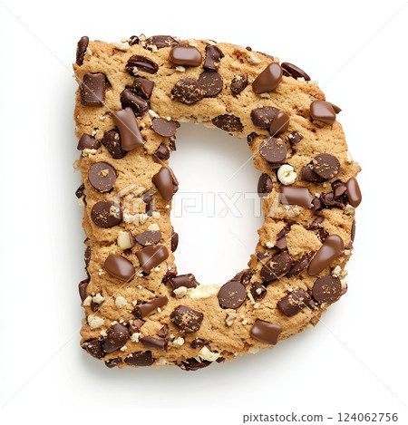 Chocolate chip cookie shaped as letter d with chunky chocolate pieces. 124062756