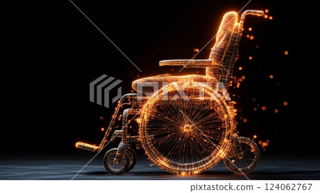 Futuristic digital wireframe wheelchair with glowing orange lights. 124062767