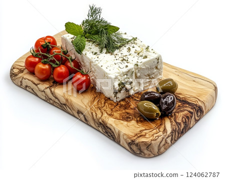 Mediterranean feta cheese with cherry tomatoes, olives, and fresh herbs on olive wood board. 124062787