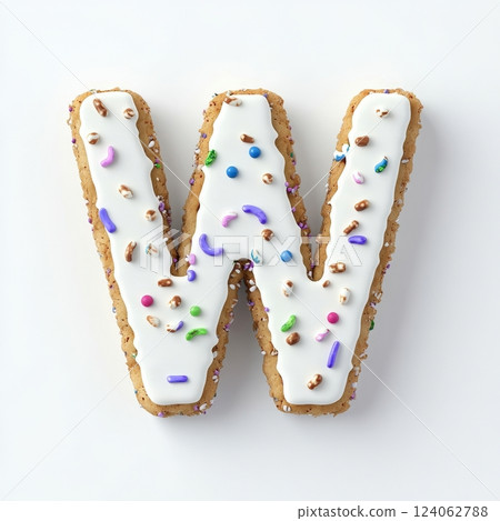Letter w cookie with white icing and colorful sprinkles on white background. 124062788