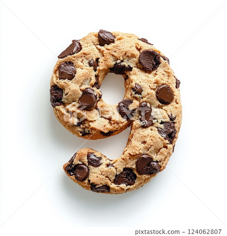 Chocolate chip cookie shaped as number nine isolated on white background. 124062807