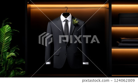 Elegant black suit displayed in stylish wardrobe with warm lighting. 124062809