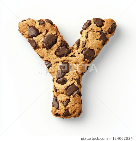 Chocolate chip cookie in the shape of the letter y. 124062824