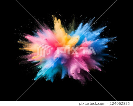 Vibrant explosion of colorful powder against black background. 124062825