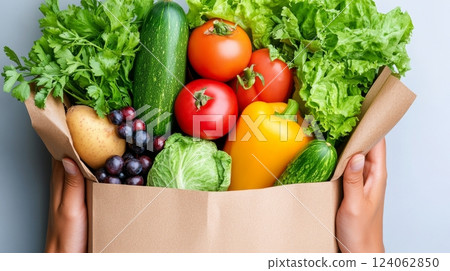 Fresh vegetables and fruits in a paper bag held by hands. 124062850