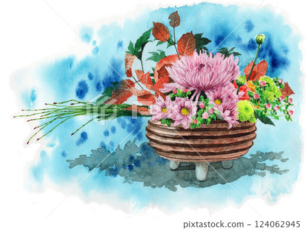 模擬水彩菊花日式插花 模擬水彩菊花日式插花 124062945