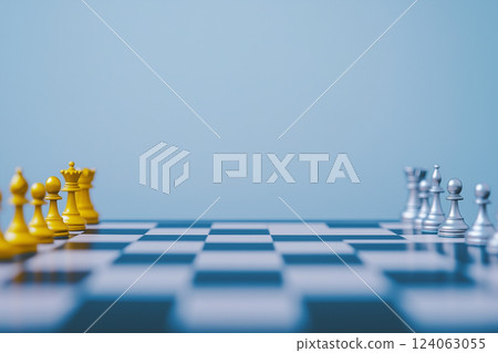Gold and Silver Chess Pieces on a White Background with Checkered Board Pattern 124063055