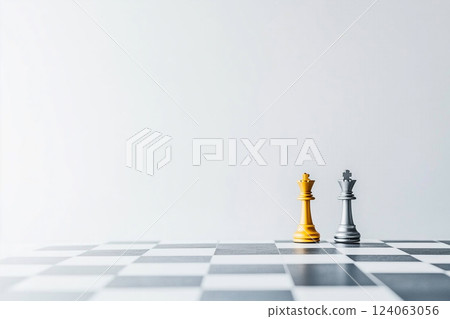 Gold and Silver Chess Pieces on a White Background with a Checkerboard Pattern 124063056