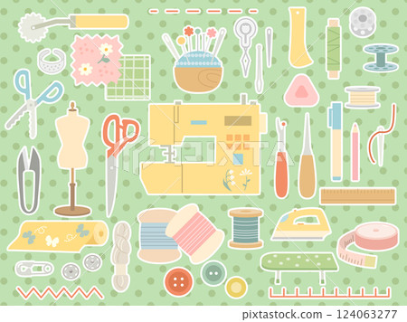 縫紉機和針墊等縫紉工具的插圖集（白色邊框版本） 124063277