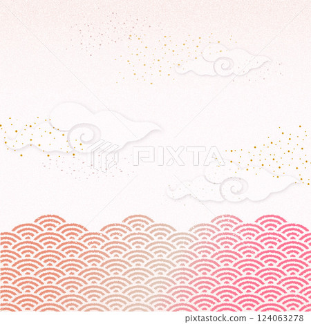 雲朵和波浪，Seigaiha 和 Seiun，粉紅色背景圖 124063278