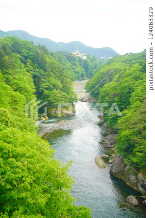 The Kinugawa River, full of nature as seen from the Kinutateiwa Suspension Bridge. Travel to Tochigi Prefecture. 124063329