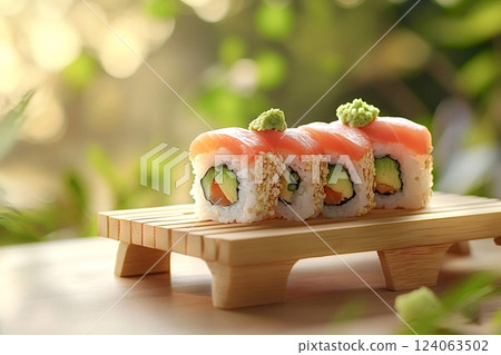 Delicious sushi rolls with salmon, avocado and wasabi on wooden stand 124063502
