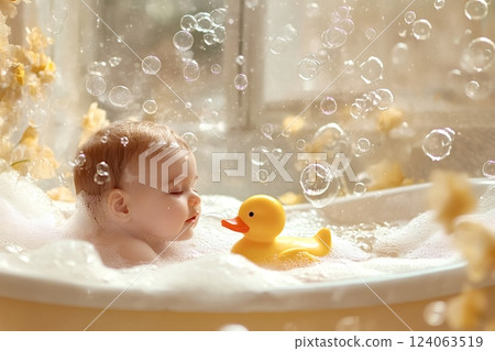 Baby taking a relaxing bath with rubber duck and soap bubbles 124063519