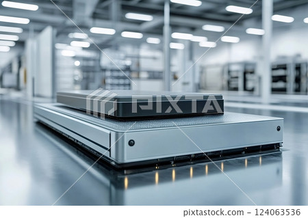 Automated guided vehicle carrying a package in a modern factory Automated guided vehicle carrying a package in a modern factory 124063536