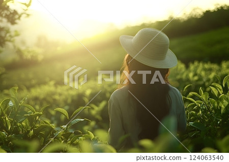 Farmer admiring tea plantation at golden hour in sunny day Farmer admiring tea plantation at golden hour in sunny day 124063540