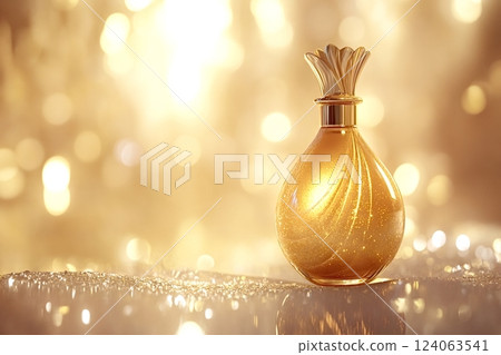 Elegant golden perfume bottle sparkling on a glittering surface Elegant golden perfume bottle sparkling on a glittering surface 124063541
