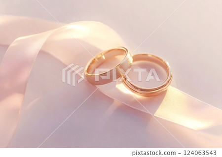 Elegant gold wedding rings with satin ribbon Elegant gold wedding rings with satin ribbon 124063543