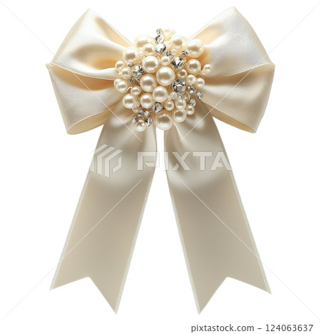 Ivory satin ribbon bow with pearl and crystal embellishments, elegant design 124063637