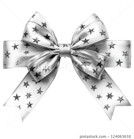 Silver ribbon bow with twinkling star pattern, isolated on transparency background 124063638