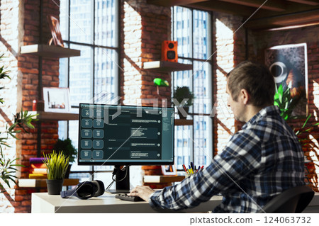Man in home office uses AI GPT trained on vast amounts of textual data to understand and produce natural sounding human language. Person in apartment talking with LLM powered chatbot 124063732