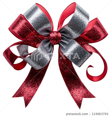 glittering red and silver ribbon bow with luxurious design and shiny texture 124063783