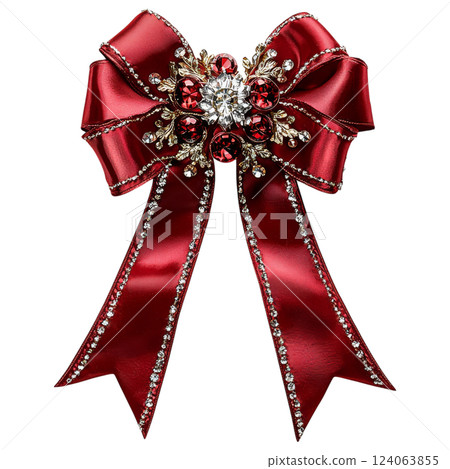 luxurious red Christmas ribbon bow adorned with crystals and gold accents 124063855