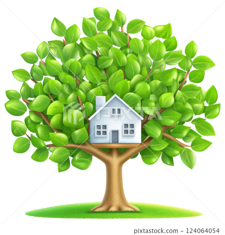 tree with lush green leaves forms shape of house, symbolizing eco friendly living tree with lush green leaves forms shape of house, symbolizing eco friendly living 124064054