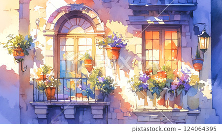 用花盆裝飾的窗台的水彩插圖景觀 124064395