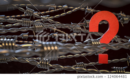 The Metal barbed wire and Question mark  3d Rendering. 124064481