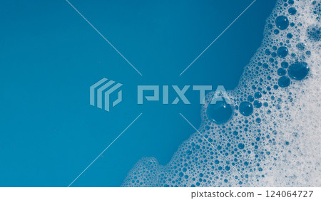 Detergent foam bubble on water. Blue background, Soap sud 124064727