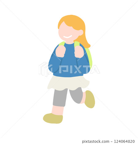 A flat illustration of a child (girl) walking happily 124064820