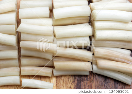 Fresh lotus rootlet on wooden cutting board. 124065001
