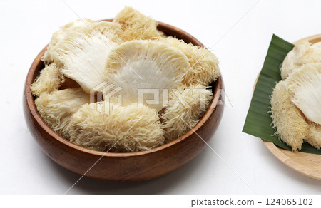 Fresh lion's mane mushroom on white background. (Yamabushitake Mushroom) Fresh lion's mane mushroom on white background. (Yamabushitake Mushroom) 124065102