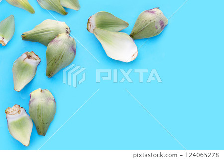 Fresh artichoke petals on blue background Fresh artichoke petals on blue background 124065278