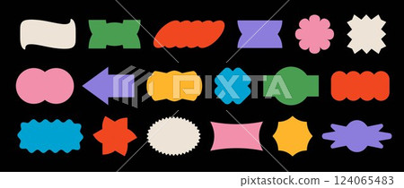 Abstract sticker shape set. Colorful retro pop art border element collection. Bright geometric frame pack for badge, tag, label, banner, poster, sign, flyer, logo. Vector Swiss style patch bundle 124065483