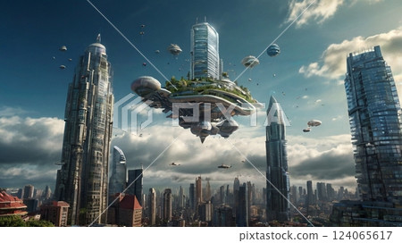 A fantastical and humorous moment between people flying freely through the sky and a lost robot 124065617