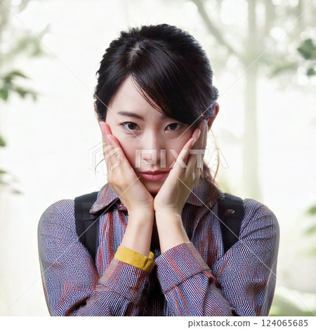 A woman who puts her hand on her face and is worried A woman who puts her hand on her face and is worried 124065685