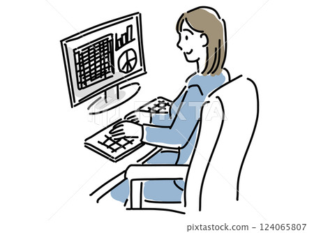 Simple line drawing of a female office worker inputting and analyzing data on a PC 124065807